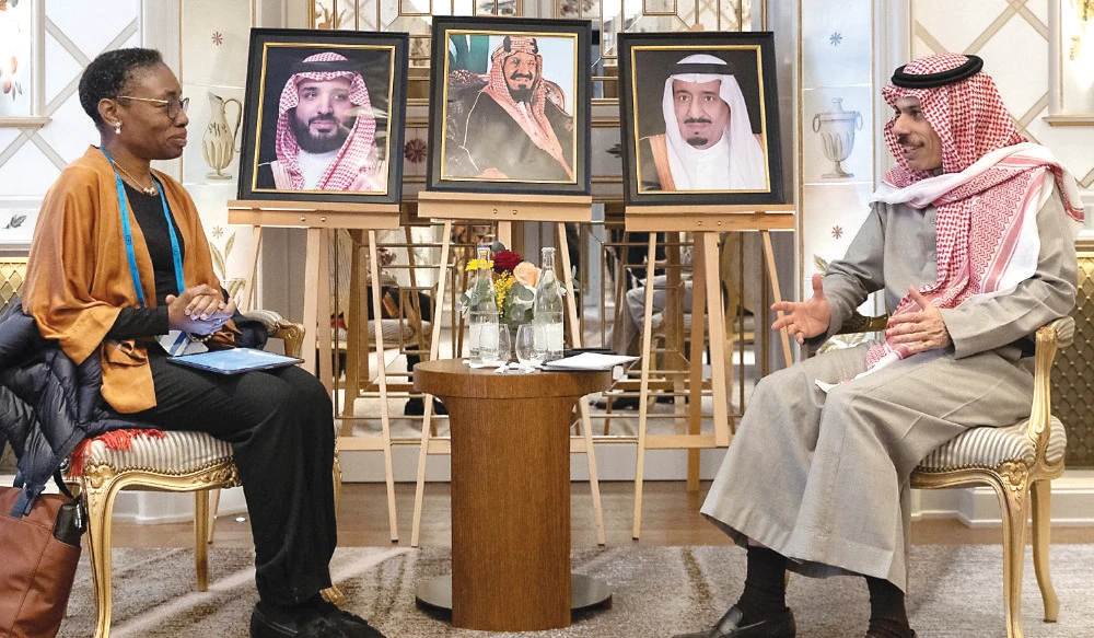 Prince Faisal bin Farhan hold talks with Comfort Ero in Munich. (Supplied)