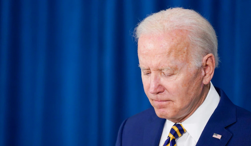 President Joe Biden pauses as he answers a reporter's question about Ukraine after speaking about the May jobs report, June 3, 2022, in Rehoboth Beach, Del. (AP)