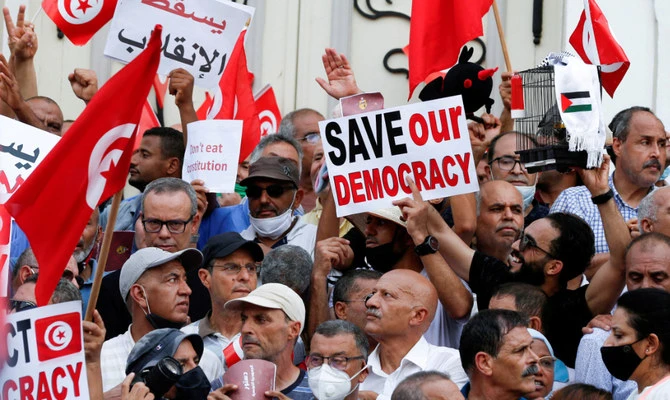 A protest in Tunis against President Kais Saied’s seizure of power in January 2022. (Reuters/File)