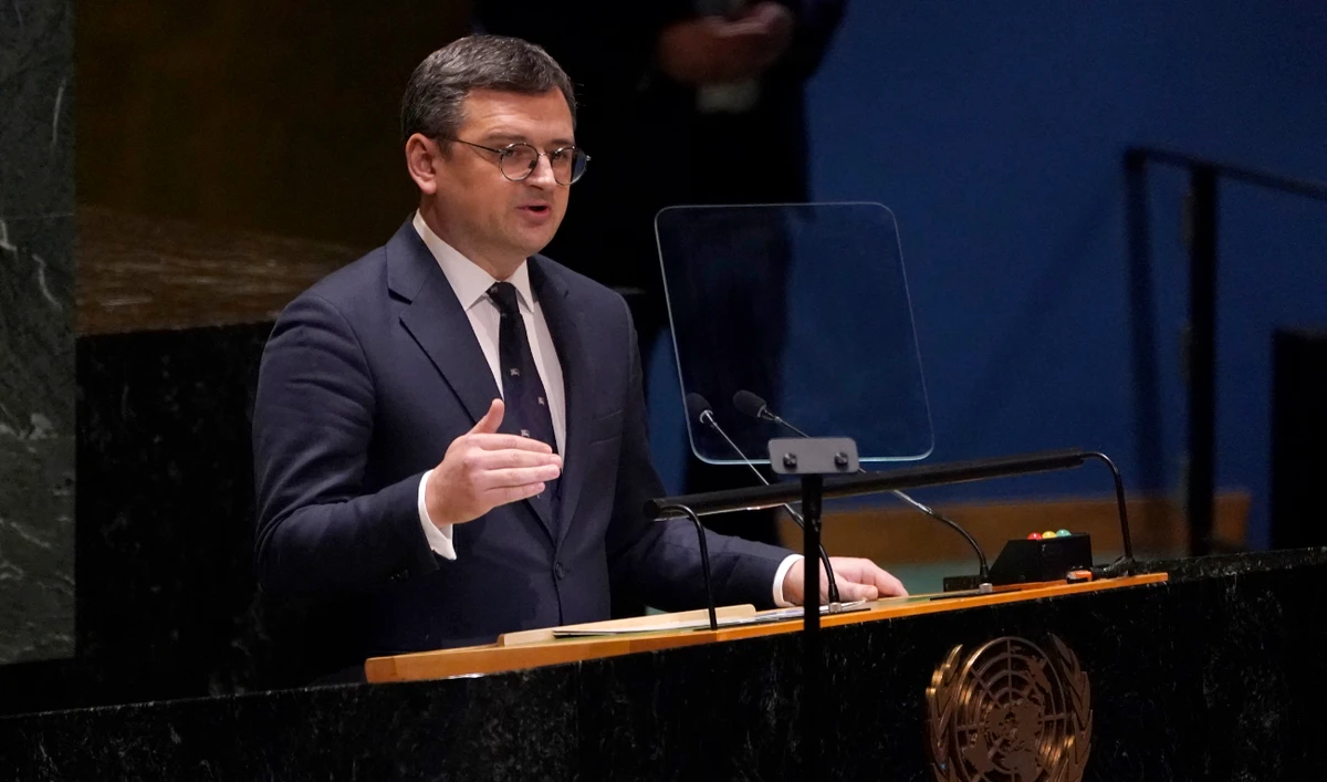 Ukrainian Minister of Foreign Affairs Dmytro Kuleba speaks during the Eleventh Emergency Special Session of the General Assembly on Ukraine, at UN headquarters in New York City on February 22, 2023. (AFP)