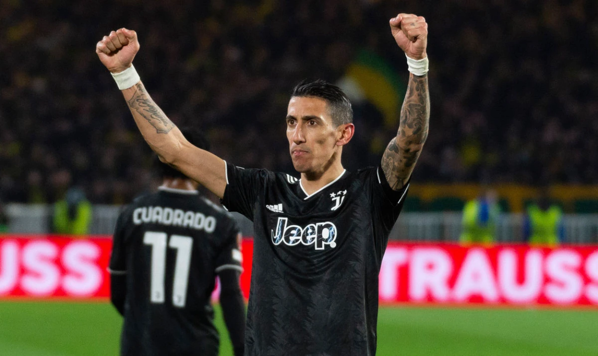 Juventus' Angel Di Maria celebrates after scoring his side third goal for a hat trick during the Europa League playoff second leg soccer match against Nantes at the La Beaujoire stadium Thursday in Nantes, western France. (AP)