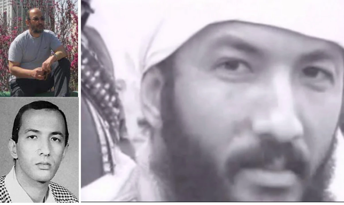 This combo image shows an FBI photo of Saif Al-Adel, who is wanted in connection with the 1998 US Embassy bombings in Tanzania and Kenya (top left), Al-Adel at an Al-Qaeda training camp in Afghanistan in 2000 (above), and the terror suspect photographed in Tehran in 2012 (lower left). (Supplied, Getty Images)