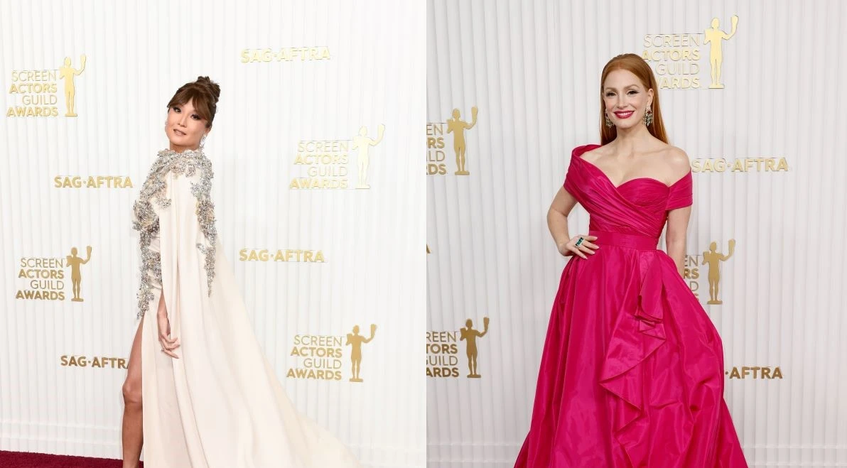 American actresses Ashley Park and Jessica Chastain hit the SAG Awards 2023 red carpet Sunday wearing Arab designers Elie Saab and Zuhair Murad, respectively. (Getty Images)