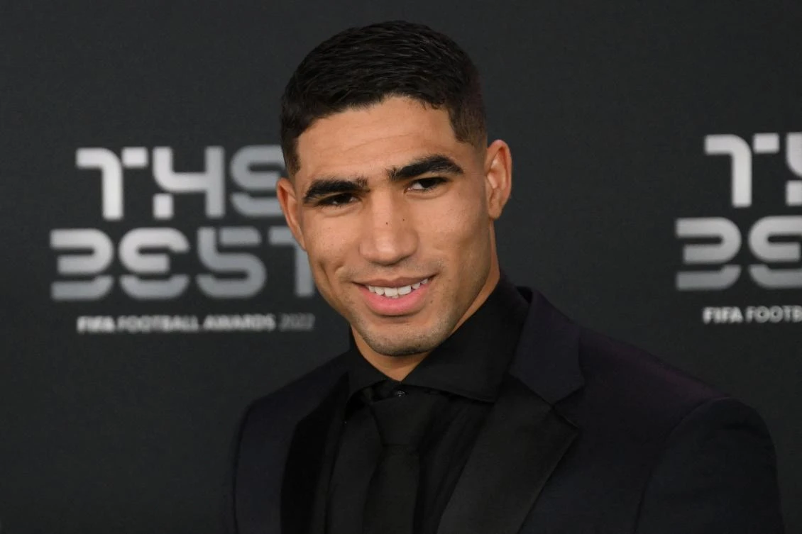 Morocco and Paris Saint-Germain defender Achraf Hakimi poses upon arrival to attend the Best FIFA Football Awards 2022 ceremony in Paris on February 27, 2023. (File/AFP)