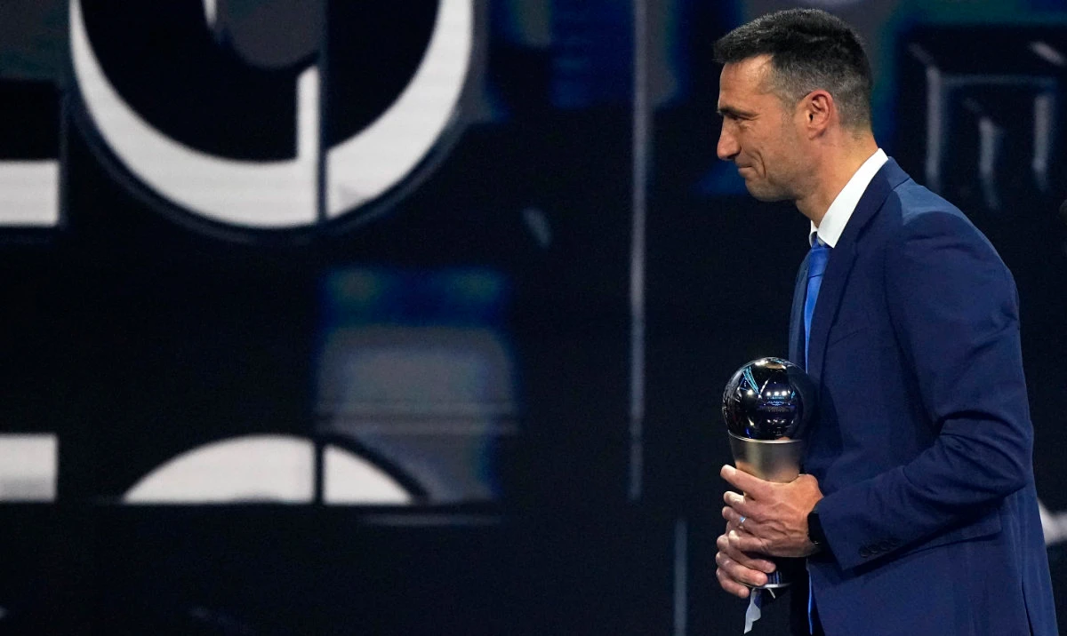 Argentina's coach Lionel Scaloni receives the Best FIFA Men's Coach award during the ceremony of the Best FIFA Football Awards in Paris, France, Monday, Feb. 27, 2023. (AP)