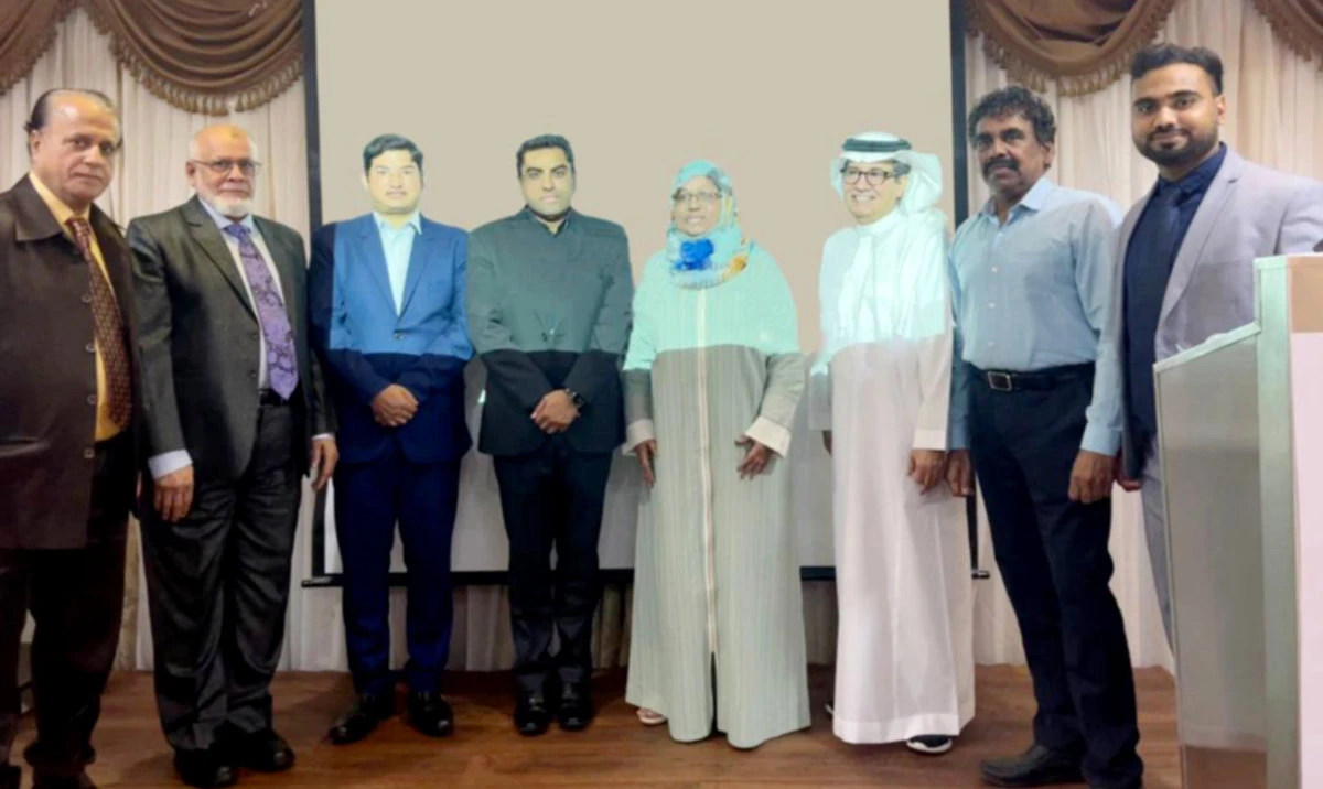 From left, Arif Quraishi, Riaz Mulla, Mohammed Hashim, Deepak Yadav, Dr. Shahnaz Patel, Mohammed Al-Nefaie, Siraj Mohideen and Mehad Ahmad. (Supplied)