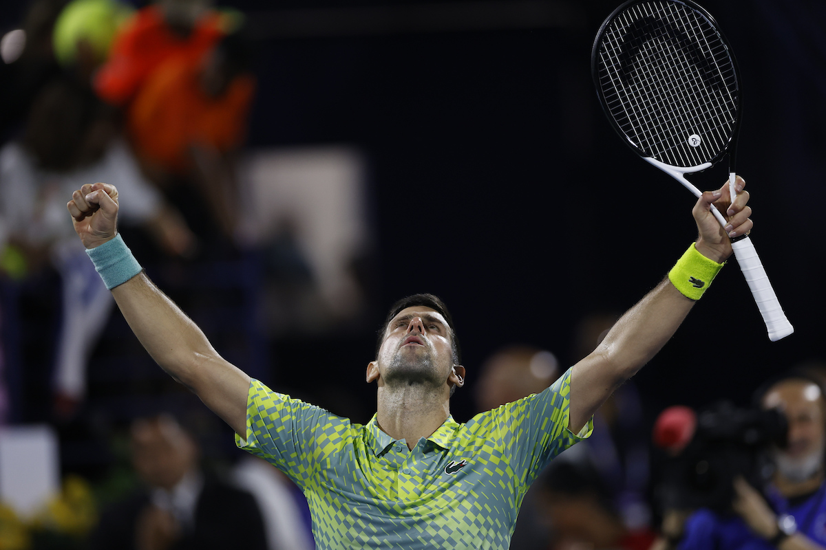 Novak Djokovic celebrates his first round win in Dubai. (DDF)