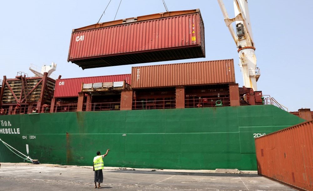 A container is unloaded at the Houthi-held Red Sea port of Hodeidah, Yemen, Feb. 25, 2023. (Reuters)