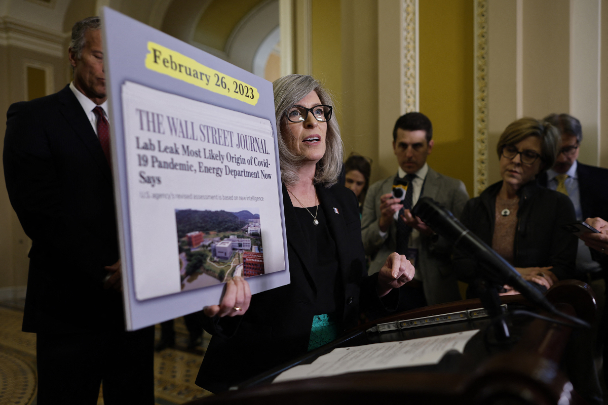Republican Senator Joni Ernst talks to reporters in Washington on Feb. 28, 2023, about the US Energy Department's findings that point to a lab in Wuhan, China, as the source of the COVID-19 pandemic. (Getty Images/AFP)