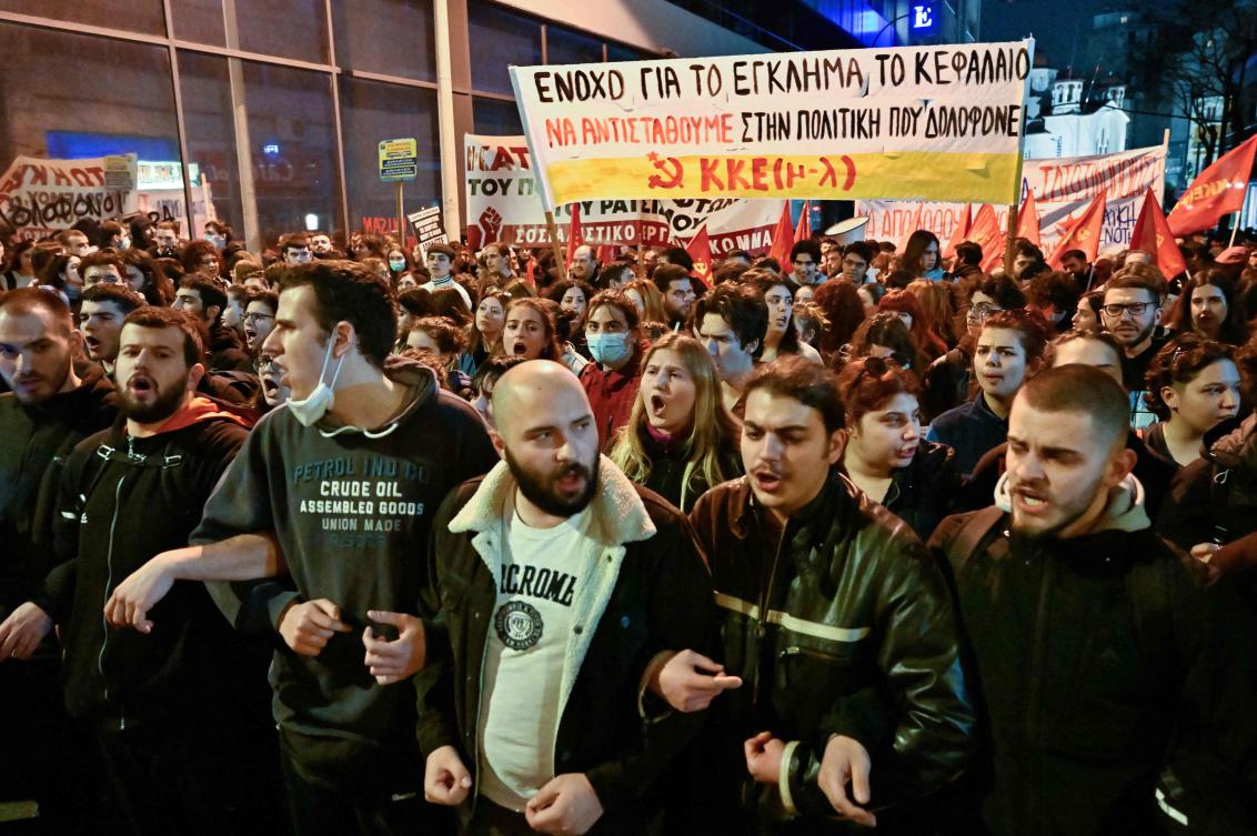 Hundreds took to the streets in Athens, blaming the government for the privatization of the Hellenic Train company after a deadly collision between two trains caused a derailment near the Greek city of Larissa late at night on February 28, 2023, authorities said. (AFP)