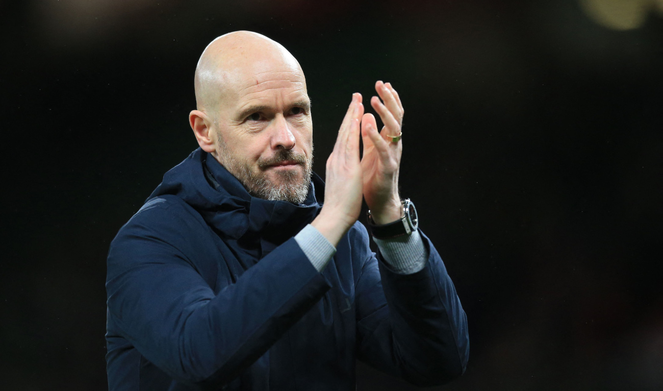 Manchester United's Dutch manager Erik ten Hag celebrates at the end of the English FA Cup fifth round football match between against West Ham at Old Trafford in Manchester, north west England, on Wednesdau. (AFP)