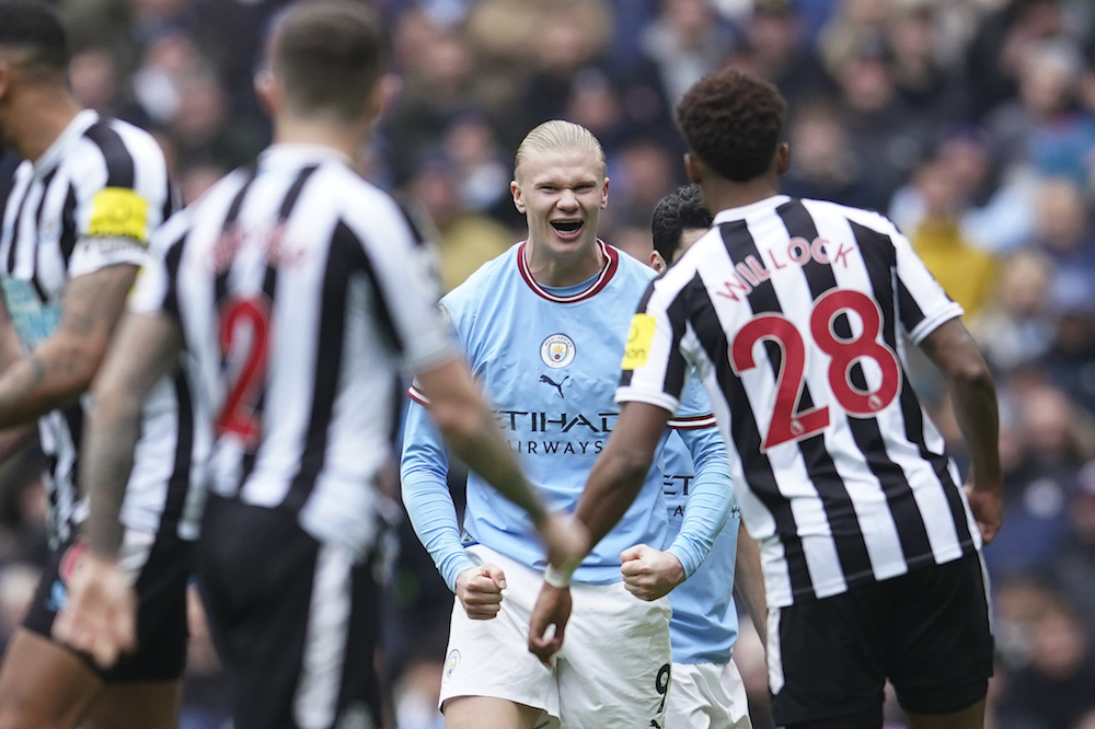 anchester City's Erling Haaland gestures during the English Premier League match between Manchester City and and Newcastle. (AP)