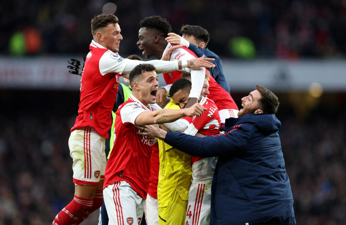 Arsenal’s Reiss Nelson celebrates scoring their third goal with teammates during their Premier League match against AFC Bournemouth — Emirates Stadium on Mar. 4, 2023. (Reuters)