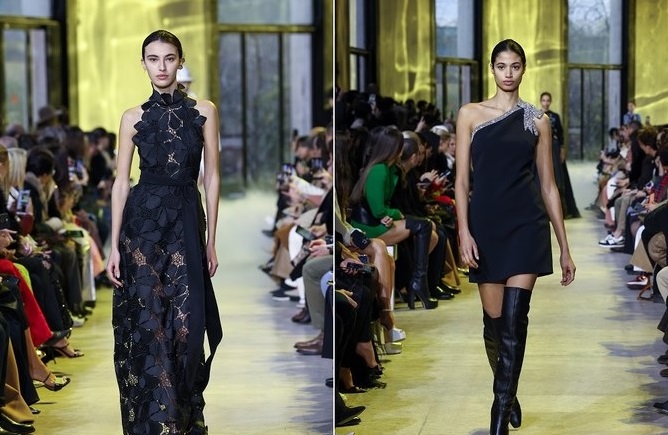 Models Amira Al-Zuhair, Malika El-Maslouhi walk for Elie Saab at Paris Fashion Week