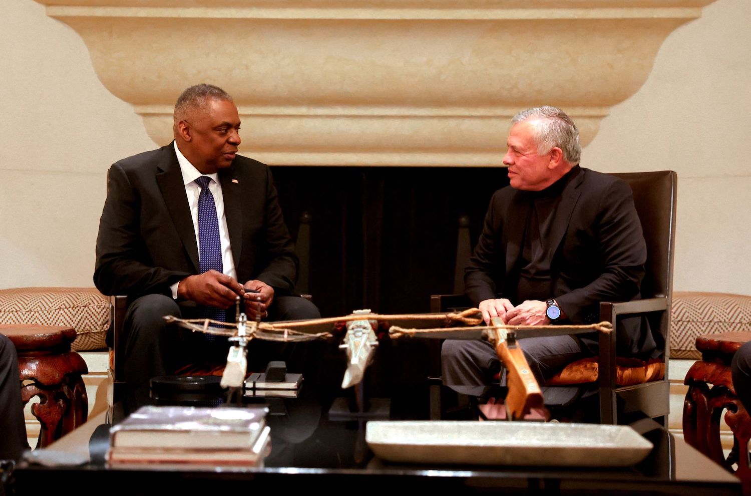 King Abdullah II meets with US Secretary of Defense Lloyd Austin in Amman on March 5, 2023. (AFP)