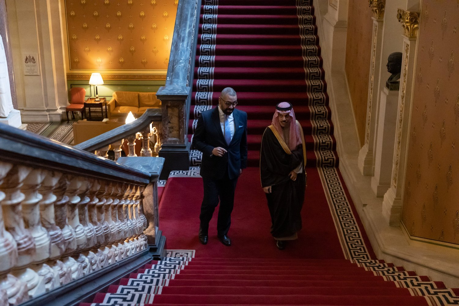 Saudi Arabia’s Foreign Minister Prince Faisal bin Farhan and his British counterpart James Cleverly met in London on Monday. (SPA)