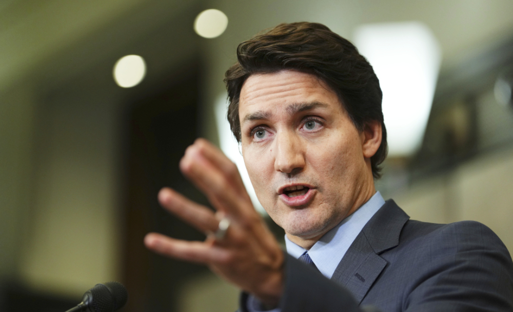 Canada's Prime Minister Justin Trudeau speaks during a news conference on Parliament Hill in Ottawa, Ontario, on Monday, March 6, 2023. (AP)