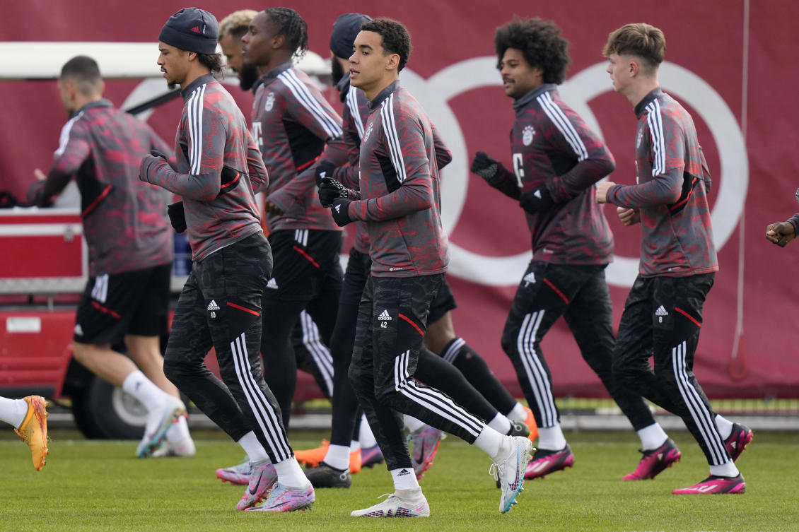 Bayern’s Jamal Musiala attends a training session in Munich on Mar. 7, 2023, prior to their Champions League group round of 16 second leg match against Paris Saint Germain. (AP)
