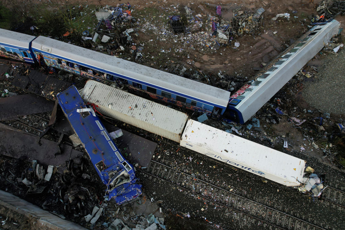 Destroyed carriages are seen on the site of a crash, where two trains collided, near the city of Larissa, Greece, on Mar. 3, 2023. (Reuters)