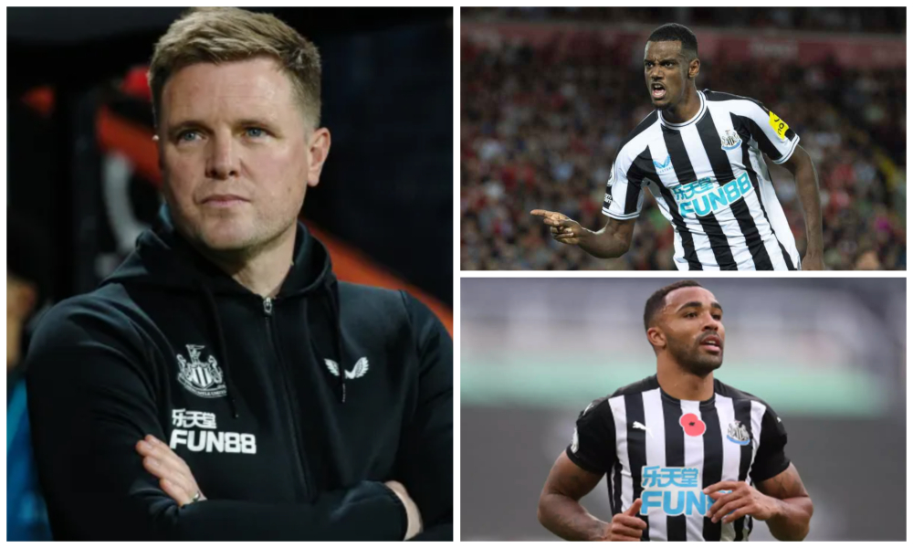 Newcastle boss Eddie Howe (L) is backing Callum Wilson (bottom right) to re-find his form, with Alexander Isak (top right) a possibility to step in. (AFP/File Photos)