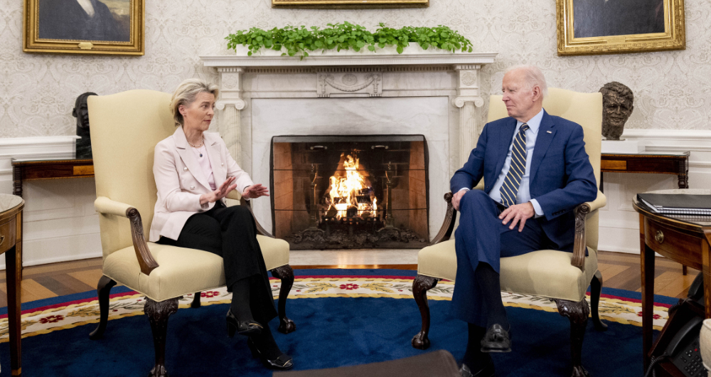 President Joe Biden meets with European Commission President Ursula von der Leyen in the Oval Office of the White House in Washington. (AP)