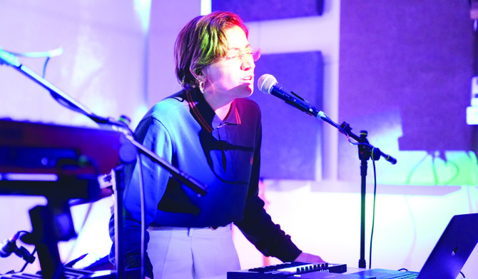The photo taken in December 2022 shows Nadine Lingawi, a Saudi indie singer performing at XP Music Futures in Riyadh, Saudi Arabia. (AN photo)
