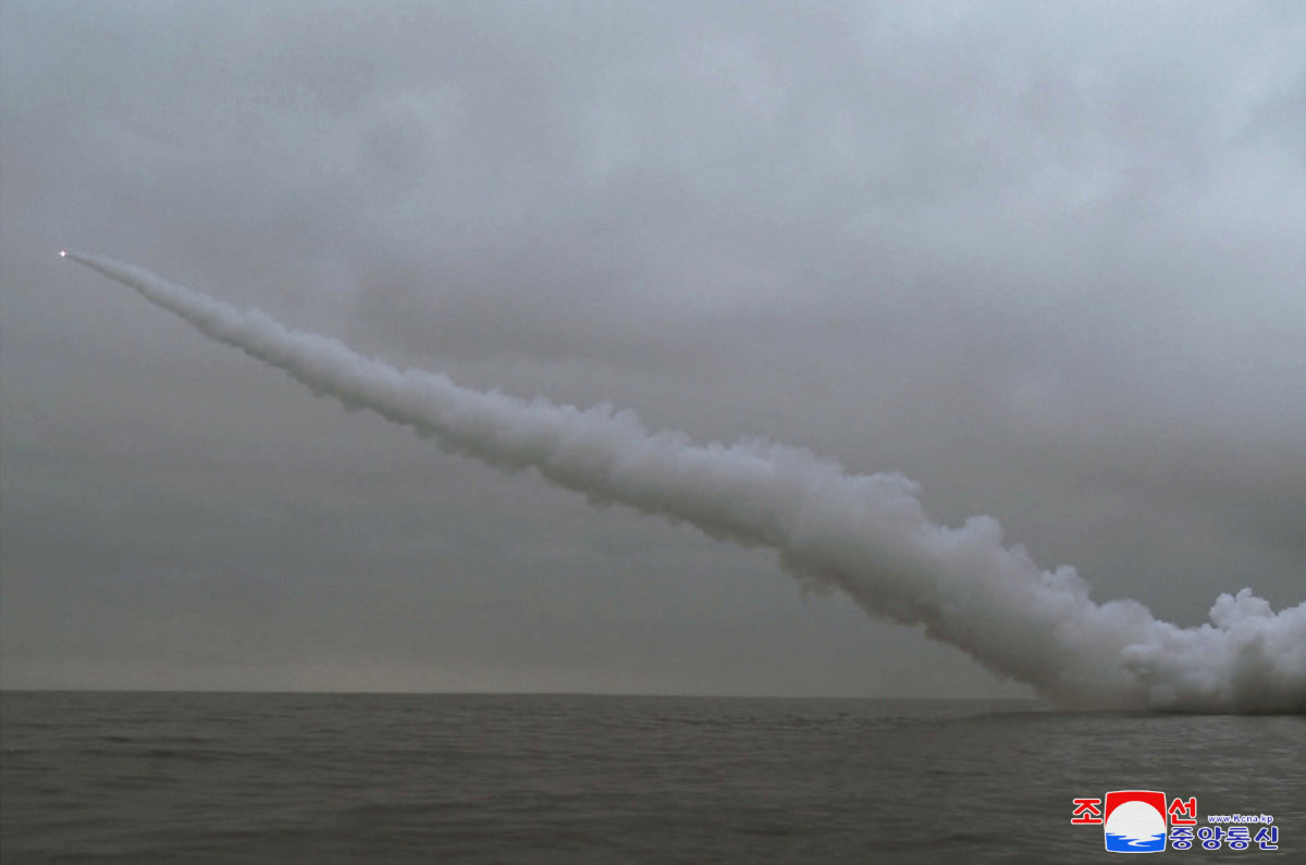 A general view as North Korea fired two missiles striking an underwater target, according to state media, at an undisclosed location in North Korea on March 12, 2023. (KCNA handout via Reuters)