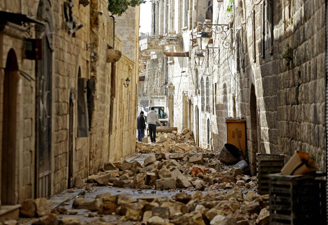This file photo taken on February 7, 2023, shows rubble in Aleppo's old town following a deadly earthquake. (AFP)