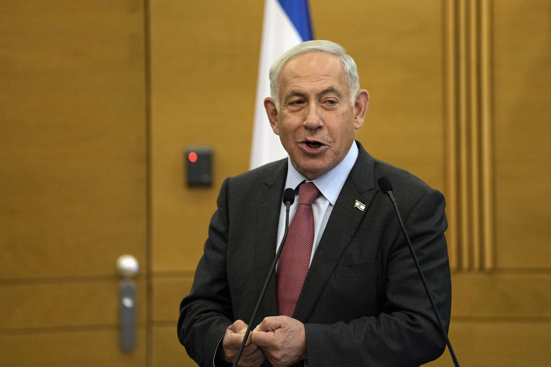 Israeli Prime Minister Benjamin Netanyahu speaks to members of his Likud Party at the Knesset, Israel's parliament, in Jerusalem. (AP)