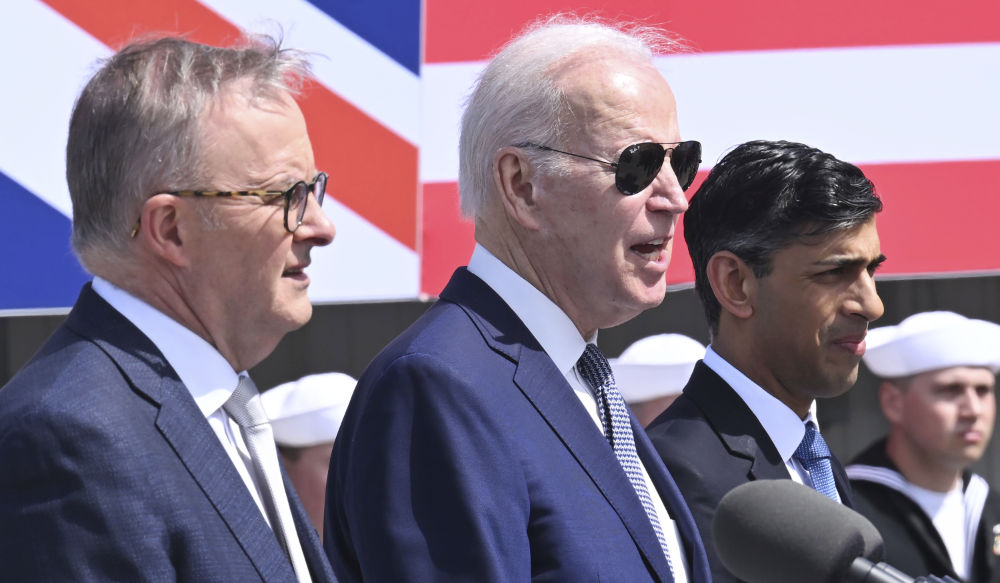 Britain's Prime Minister Rishi Sunak, right, meets with US President Joe Biden and Prime Minister of Australia Anthony Albanese, left, at Point Loma naval base in San Diego, US, Monday March 13, 2023, as part of Aukus, a trilateral security pact between Australia, the UK, and the US. (AP)