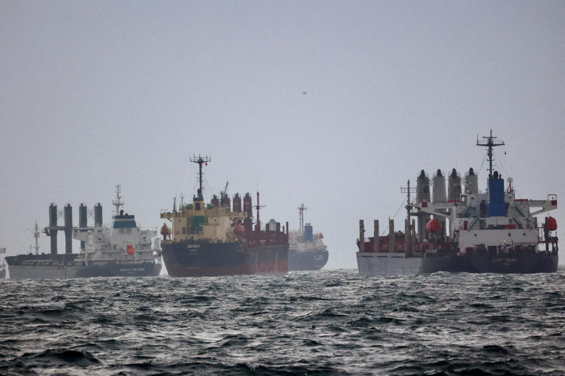 Vessels await inspection under the Black Sea Grain Initiative in the southern anchorage of the Bosphorus in Istanbul, Turkiye on Dec. 11, 2022. (Reuters)