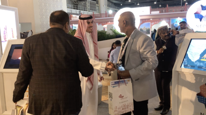 Visitors arrive at in the Saudi Tourism Authority booth at the South Asia Tourism and Travel Exchange in Noida, India on Feb. 10, 2023. (AN Photo)