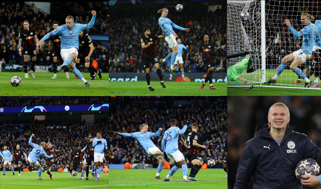 The pictures combo shows Manchester City's Erling Haaland's five goals, which broke the club record for most goals in a season (39), held by Tommy Johnson with 38 goals in 1928-29. (Reuters)