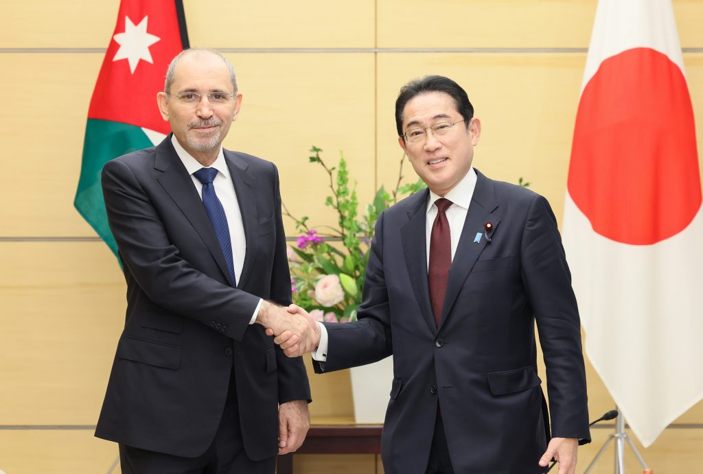 Japan’s Prime Minister Fumio Kishida receives Jordan’s Deputy Prime Minister and Minister of Foreign Affairs and Expatriates Ayman Al-Safadi during a courtesy call on Tuesday. (MOFA)