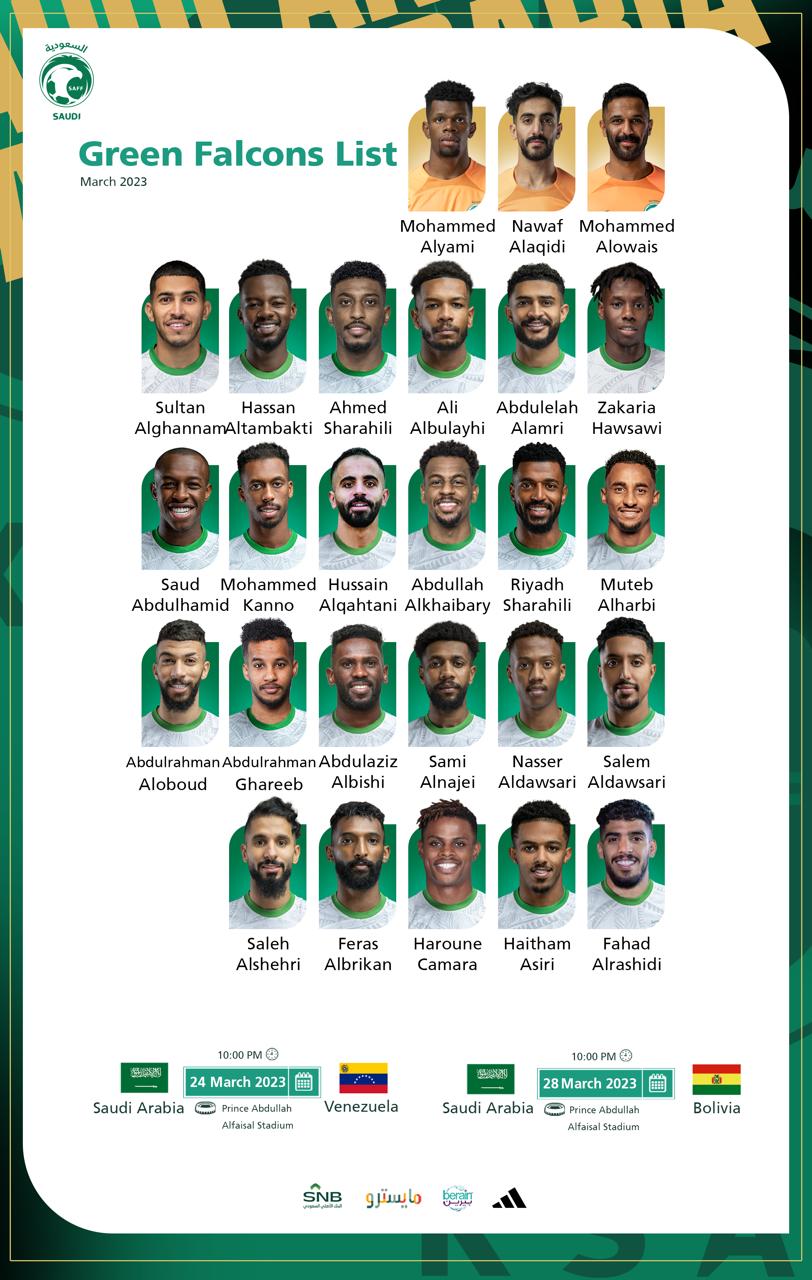 The list of players set to face Venezuela and Bolivia in two friendly matches this month in Jeddah.