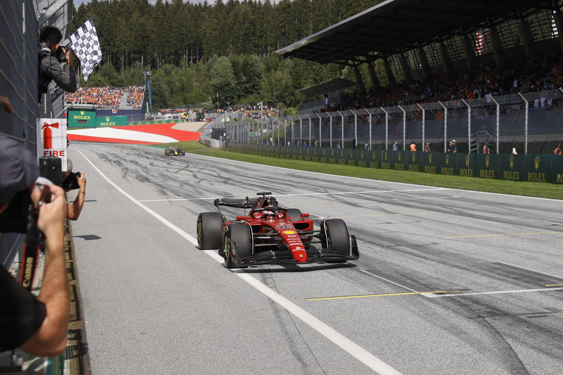 Ferrari driver Charles Leclerc of Monaco crosses the finish line as he win the Austrian F1 Grand Prix at the Red Bull Ring racetrack in Spielberg, Austria, on Jul. 10, 2022. (AP/File)