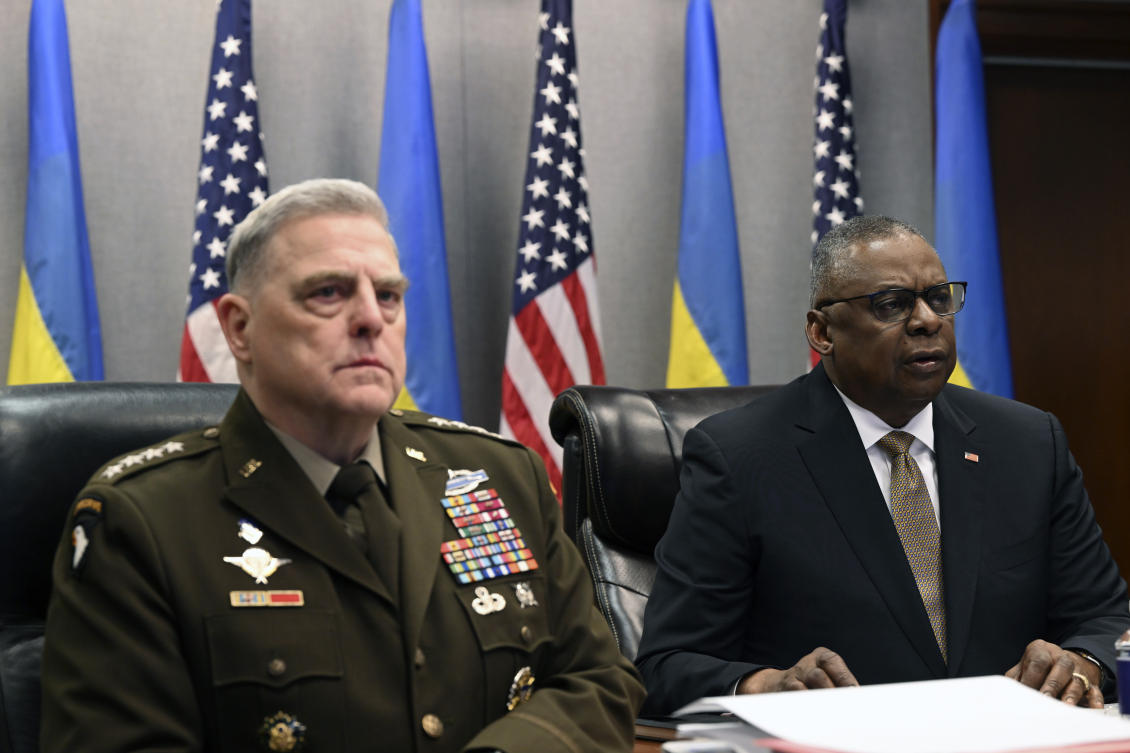 Defense Secretary Lloyd Austin, right, and Chairman of the Joint Chiefs of Staff Gen. Mark Milley at the Pentagon in Washington. (AP)