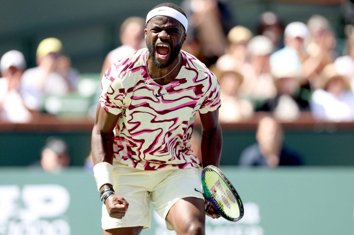 Frances Tiafoe of the US celebrates match point against Cameron Norrie of Great Britain during the BNP Paribas Open at the Indian Wells Tennis Garden on March 15, 2023, in Indian Wells, California. (Getty Images / AFP)