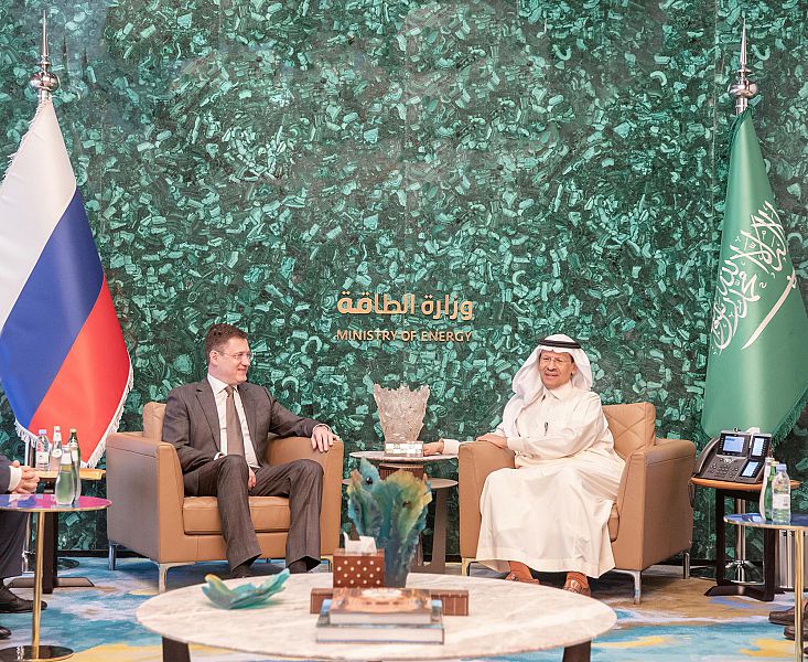 Saudi Arabia’s Minister of Energy Prince Abdulaziz bin Salman meets with the Deputy Prime Minister of Russia Alexander Novak in Riyadh on Thursday. (SPA)