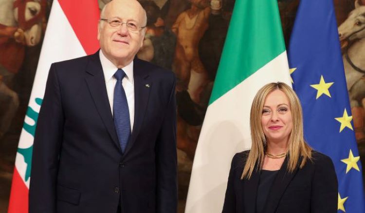 Najib Mikati and Giorgia Meloni in the Palazzo Chigi, Rome, Italy, Mar. 16, 2023. (Twitter Photo)