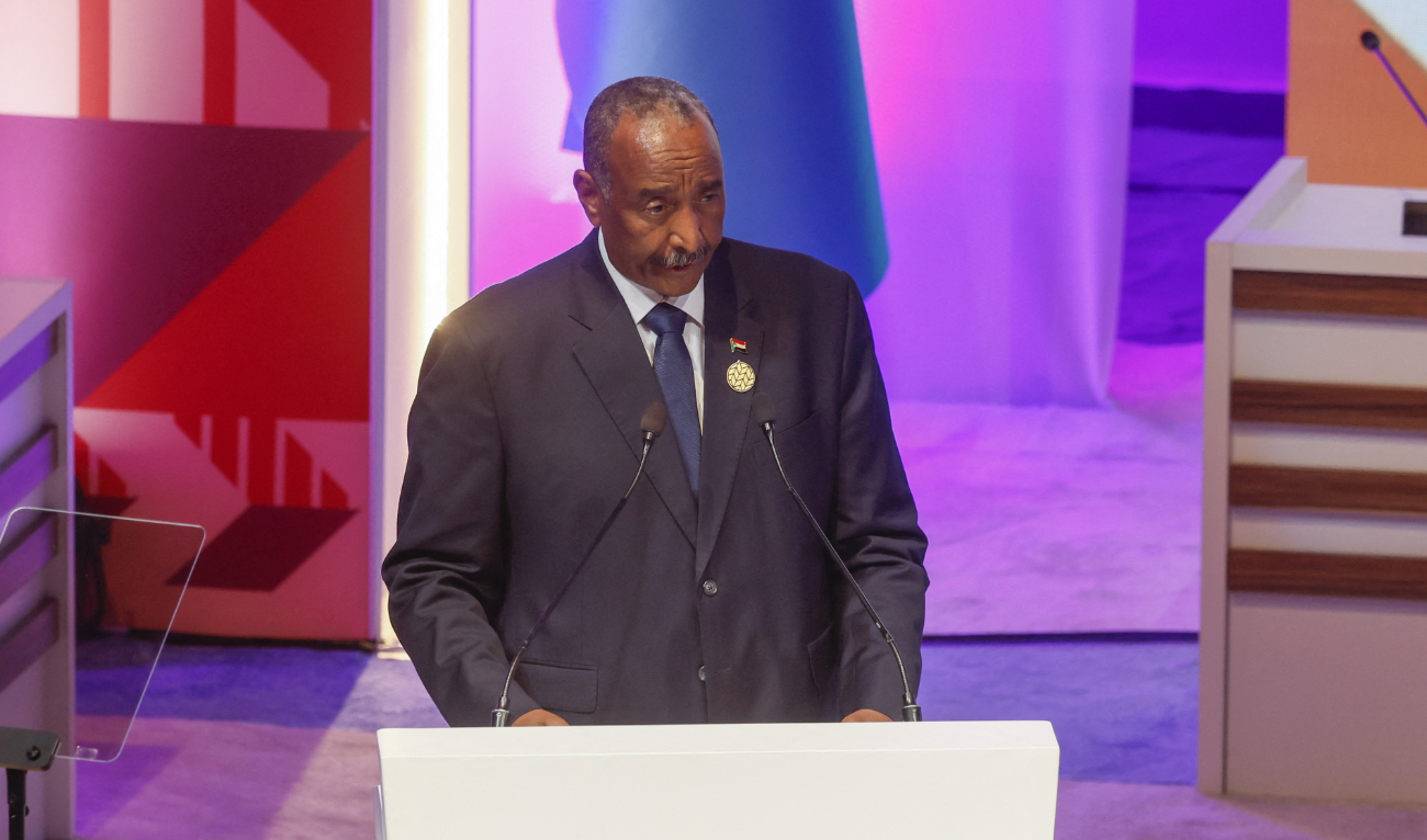 Sudan's army chief Abdel Fattah al-Burhan speaks during the 5th Conference on the Least Developed Countries (LDC5) in Doha on March 4, 2023. (AFP/File)