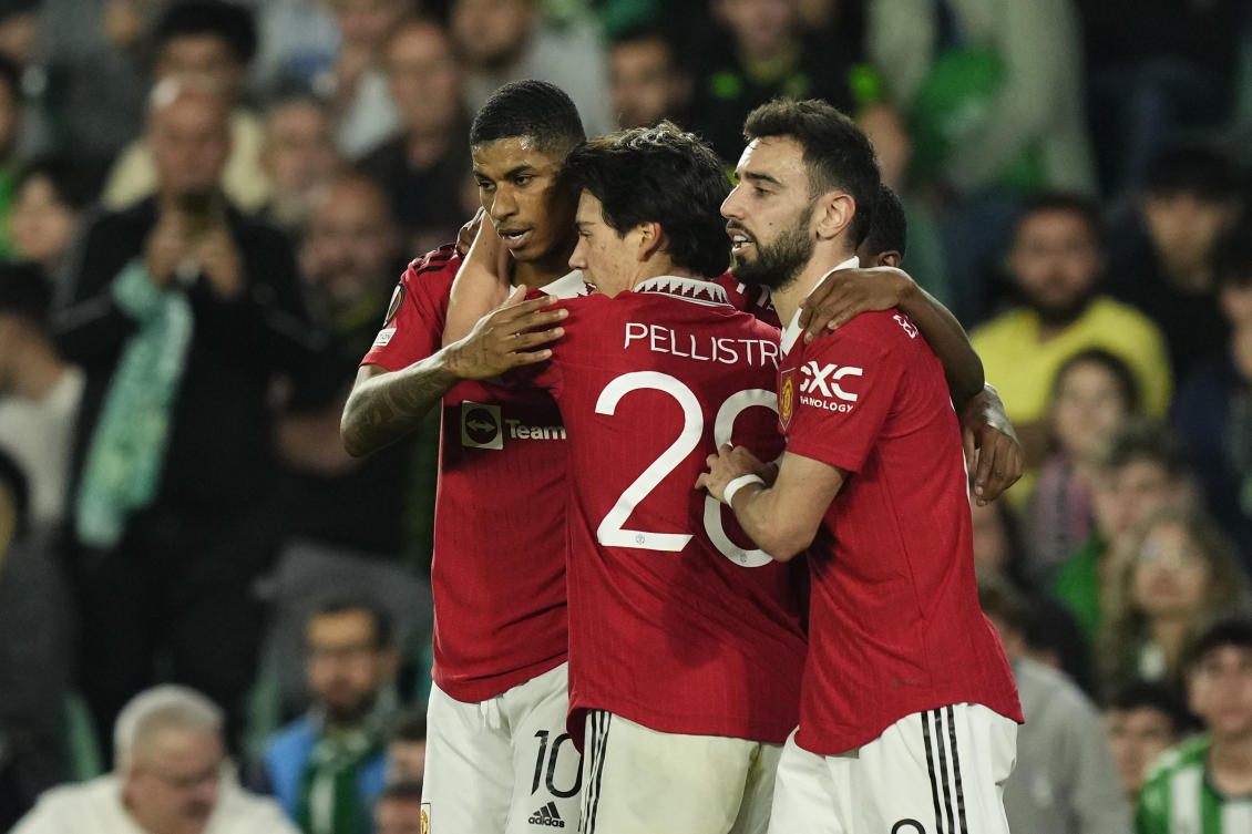 Manchester United’s Marcus Rashford celebrates after scoring his side’s first goal during their Europa League round of 16 second leg match against Real Betis at the Benito Villamarin stadium in Seville on Mar. 16, 2023. (AP)