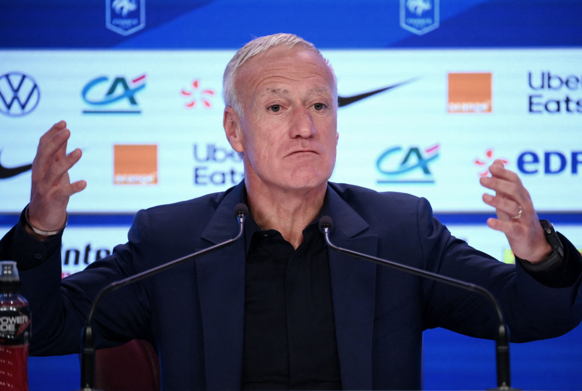 France's head coach Didier Deschamps gestures as he holds a press conference to announce the French squad for the upcoming UEFA Euro 2024 football tournament qualifying matches, in Paris, on March 16, 2023. (AFP)