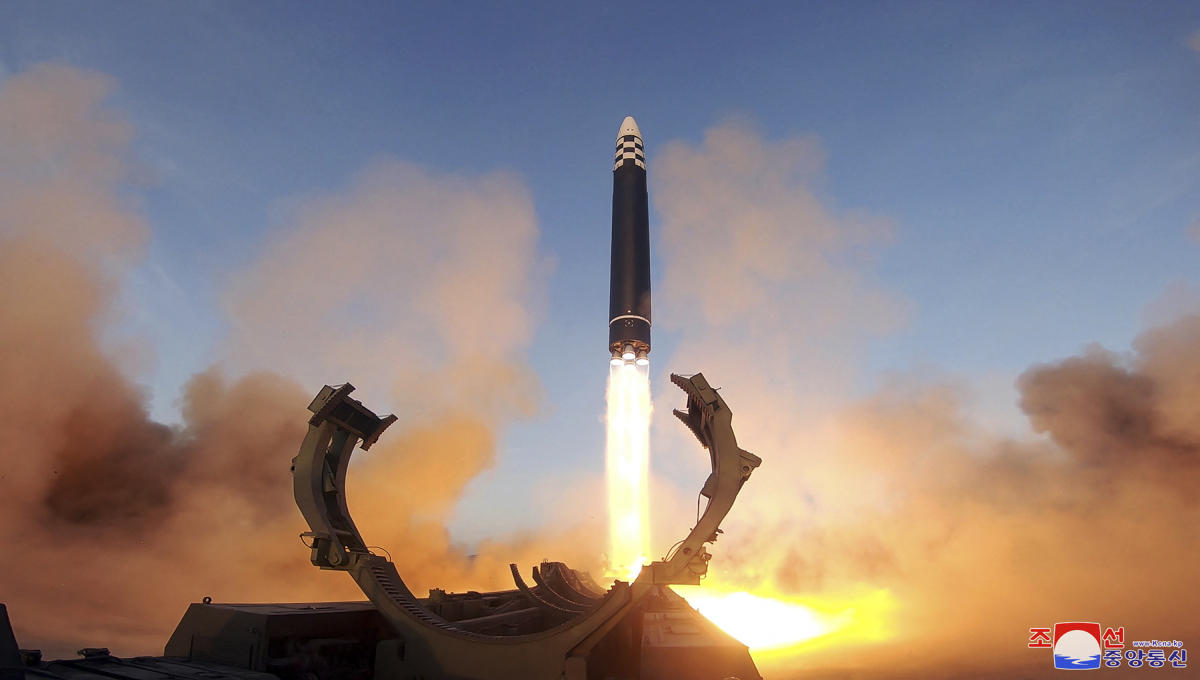The Hwasong-17 missile reached a maximum altitude of 6,045 kilometers and traveled 1,000km before landing in waters off the country’s eastern coast. (KCNA via KNS)