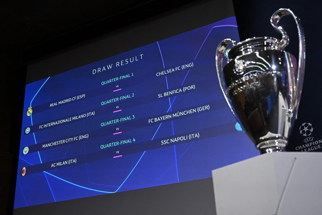 This photograph shows the draw result for the quarter-final and the trophy of the 2022-2023 UEFA Champions League football tournament, in Nyon, on Mar. 17, 2023. (AFP)