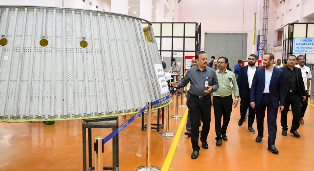 Saudi Space Commission chief executive Dr. Mohammed bin Saud Al-Tamimi, right, visits a space research center in India on March 10, 2023. (Saudi Space Commission)