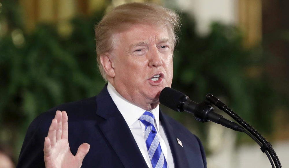 President Donald Trump speaks in the East Room of the White House in Washington on Feb. 20, 2018. (AP)