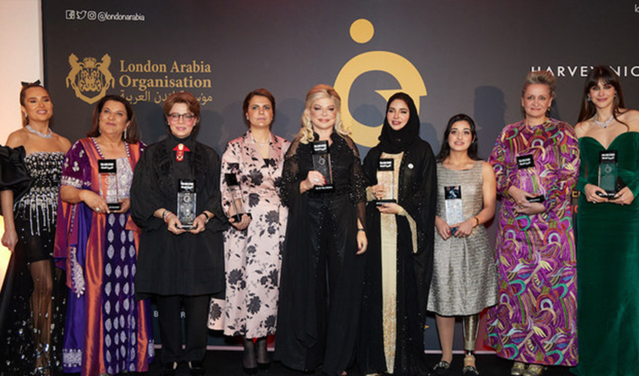 The photo shows winner posing with awards at the annual Arab Women of the Year Awards ceremony in London, United Kingdom. (Photo courtesy: London Arabia Organization)