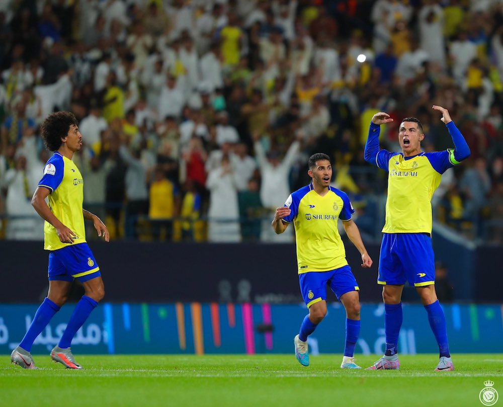 Ronaldo's goal, his ninth in nine games since his January debut, sparked a crucial 2-1 win over Abha. (Twitter/@AlNassrFC)