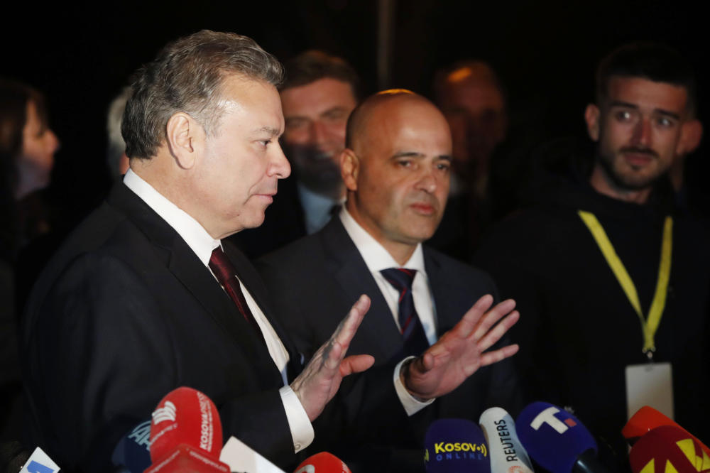 Special Representative to the Western Balkans, U.S. Deputy Assistant Secretary Gabriel Escobar, left, talks to the media in presence of North Macedonia's Prime Minister Dimitar Kovacevski, center, after the high-level meeting between Serbia's President Aleksandar Vucic and Kosovo's Prime Minister Albin Kurti, at North Macedonia's lakeside resort of Ohrid, on Saturday, March 18, 2023. (AP)